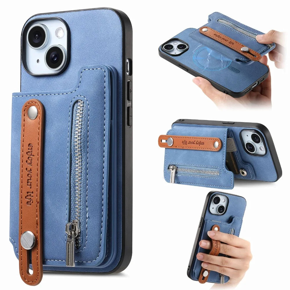 Premium iPhone Case Detachable Zipper Wallet Flip Cover PU Leather Card Holder Magnetic Closure Wrist Strap Shockproof Full Protection