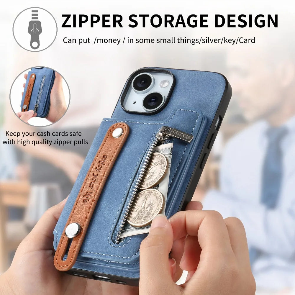 Premium iPhone Case Detachable Zipper Wallet Flip Cover PU Leather Card Holder Magnetic Closure Wrist Strap Shockproof Full Protection