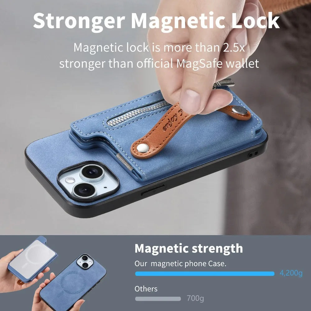 Premium iPhone Case Detachable Zipper Wallet Flip Cover PU Leather Card Holder Magnetic Closure Wrist Strap Shockproof Full Protection
