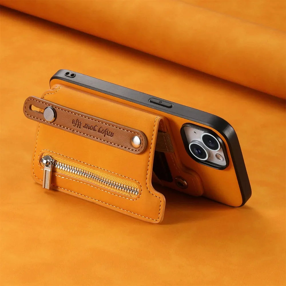 Premium iPhone Case Detachable Zipper Wallet Flip Cover PU Leather Card Holder Magnetic Closure Wrist Strap Shockproof Full Protection