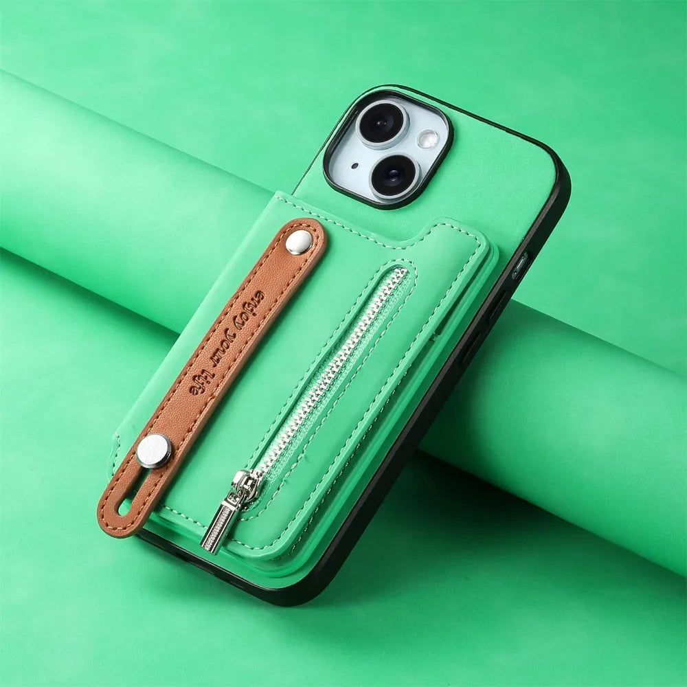 Premium iPhone Case Detachable Zipper Wallet Flip Cover PU Leather Card Holder Magnetic Closure Wrist Strap Shockproof Full Protection
