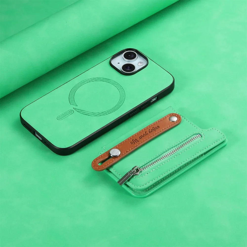 Premium iPhone Case Detachable Zipper Wallet Flip Cover PU Leather Card Holder Magnetic Closure Wrist Strap Shockproof Full Protection