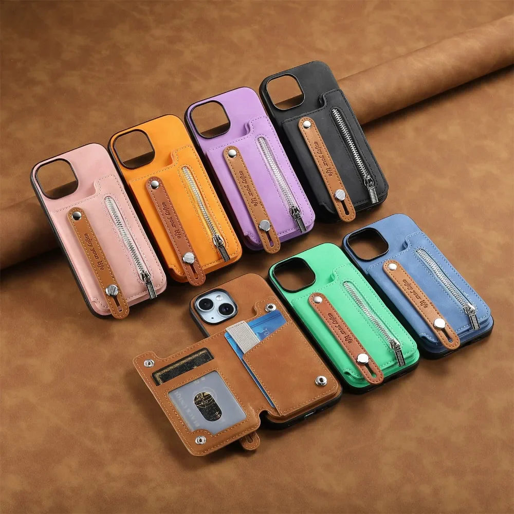 Premium iPhone Case Detachable Zipper Wallet Flip Cover PU Leather Card Holder Magnetic Closure Wrist Strap Shockproof Full Protection