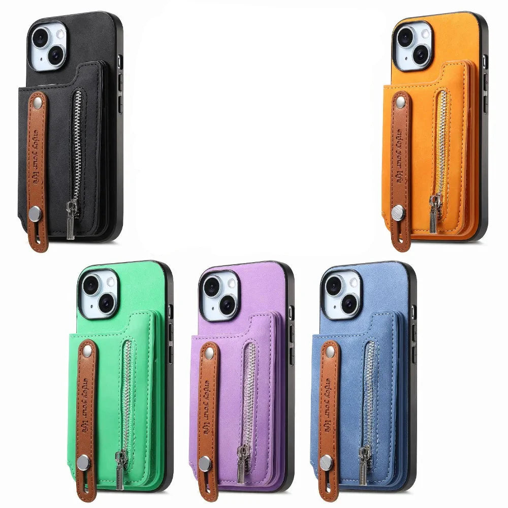 Premium iPhone Case Detachable Zipper Wallet Flip Cover PU Leather Card Holder Magnetic Closure Wrist Strap Shockproof Full Protection
