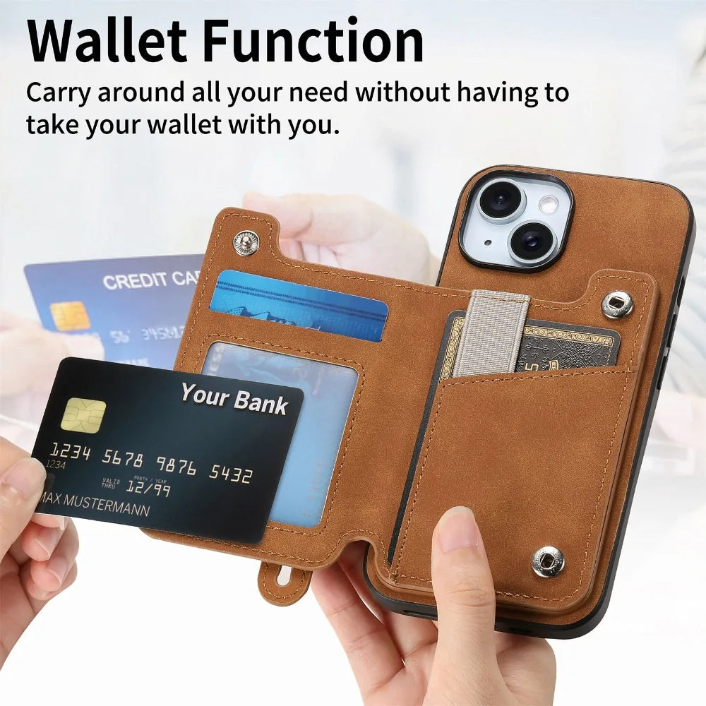 Premium iPhone Case Detachable Zipper Wallet Flip Cover PU Leather Card Holder Magnetic Closure Wrist Strap Shockproof Full Protection