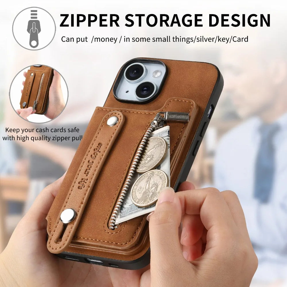 Premium iPhone Case Detachable Zipper Wallet Flip Cover PU Leather Card Holder Magnetic Closure Wrist Strap Shockproof Full Protection