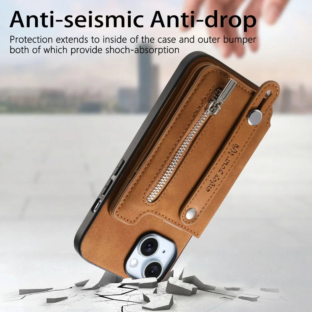 Premium iPhone Case Detachable Zipper Wallet Flip Cover PU Leather Card Holder Magnetic Closure Wrist Strap Shockproof Full Protection
