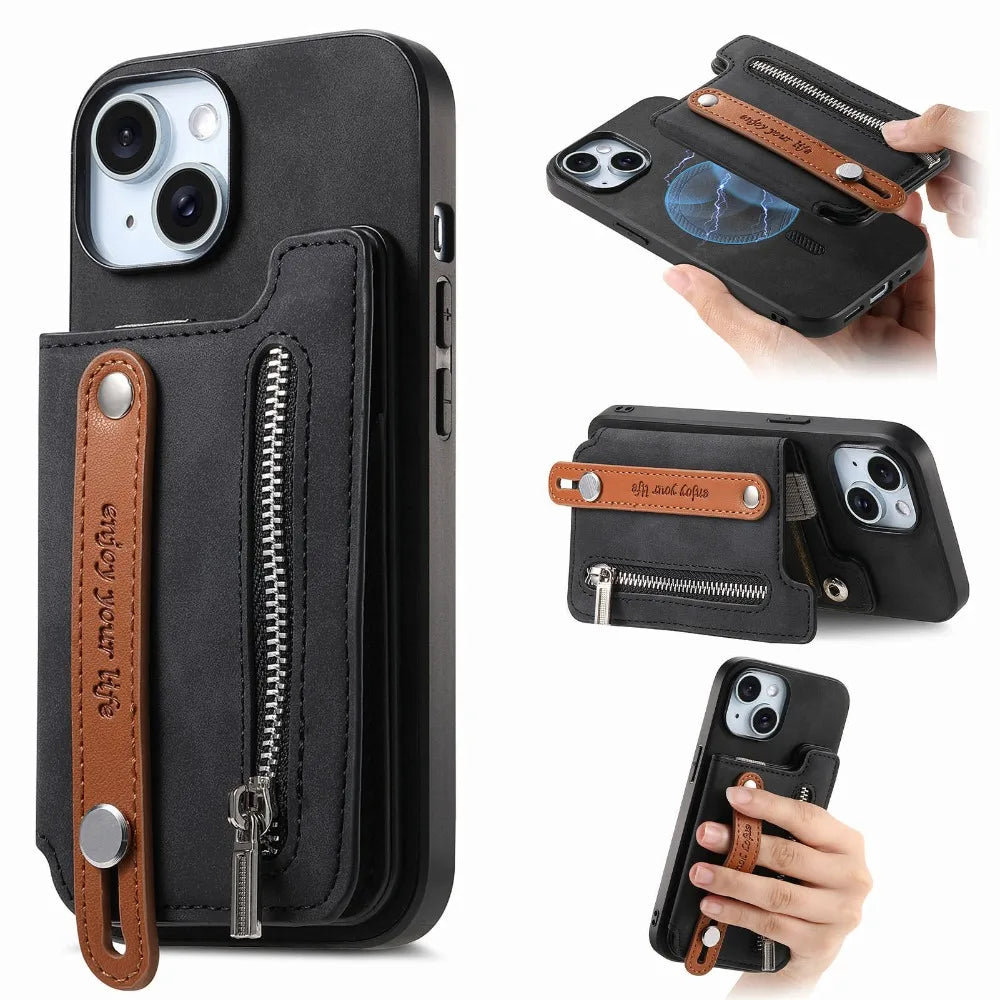 Premium iPhone Case Detachable Zipper Wallet Flip Cover PU Leather Card Holder Magnetic Closure Wrist Strap Shockproof Full Protection