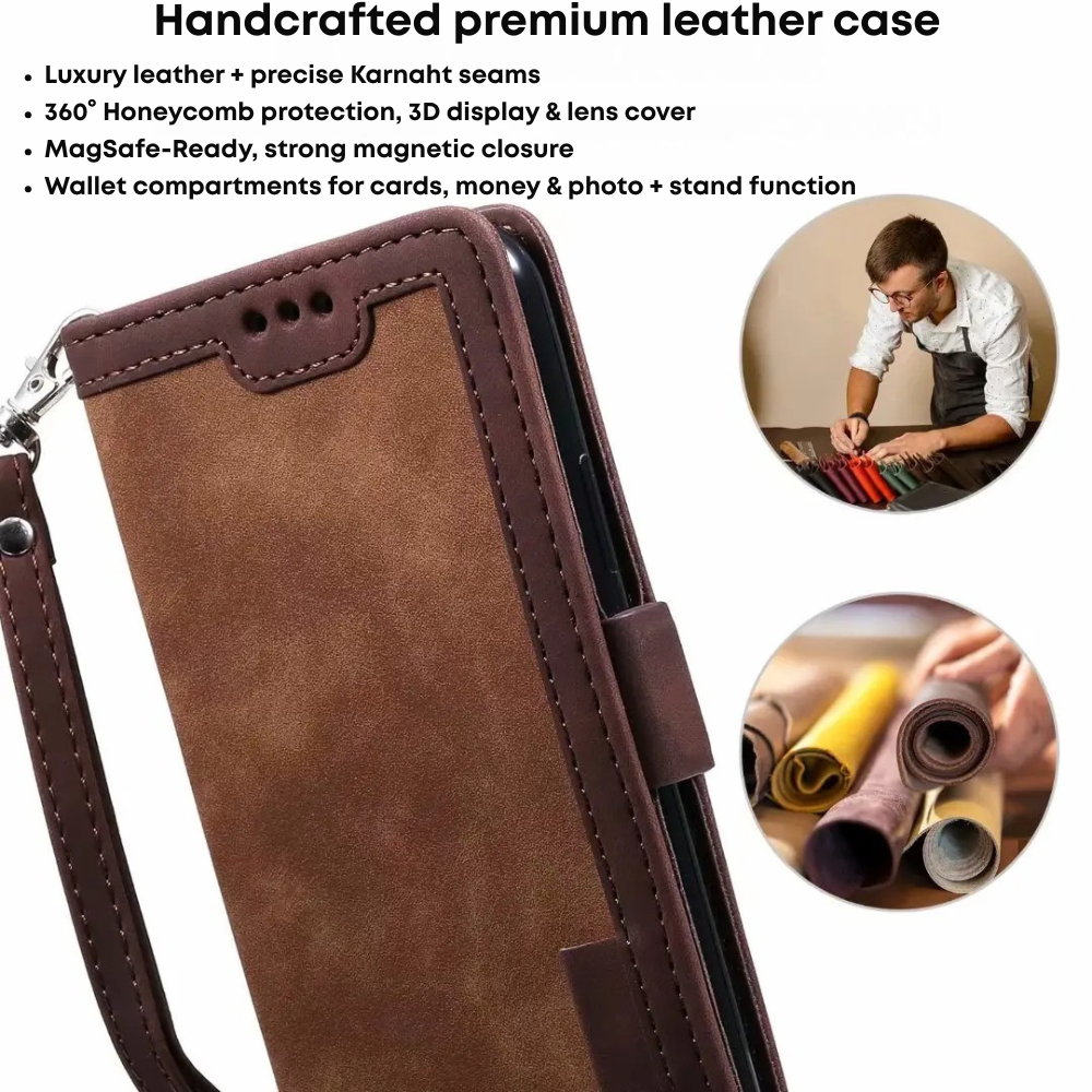 Premium iPhone Case Flip Wallet MagSafe Compatible Genuine Leather Magnetic Closure Card Holder Shockproof Protective Cover Camera Lens Protection Slim Design