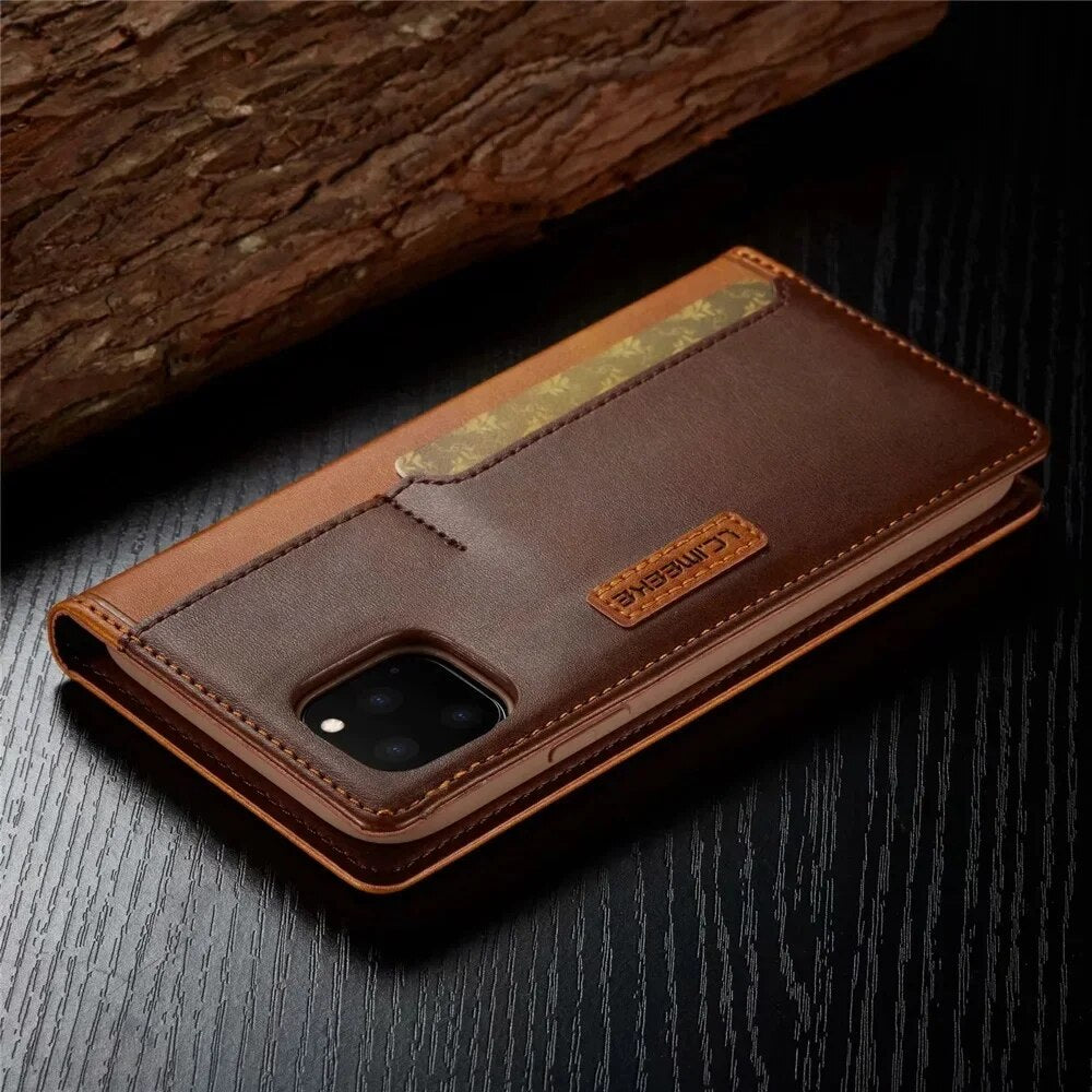 Premium iPhone Case Flip Wallet MagSafe Compatible Genuine Leather Magnetic Closure Card Holder Shockproof Protective Cover Camera Lens Protection Slim Design