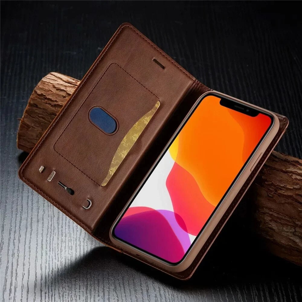 Premium iPhone Case Flip Wallet MagSafe Compatible Genuine Leather Magnetic Closure Card Holder Shockproof Protective Cover Camera Lens Protection Slim Design