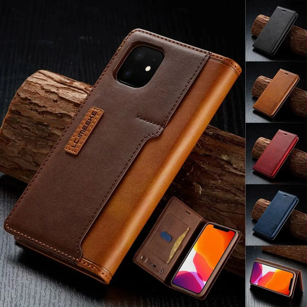 Premium iPhone Case Flip Wallet MagSafe Compatible Genuine Leather Magnetic Closure Card Holder Shockproof Protective Cover Camera Lens Protection Slim Design