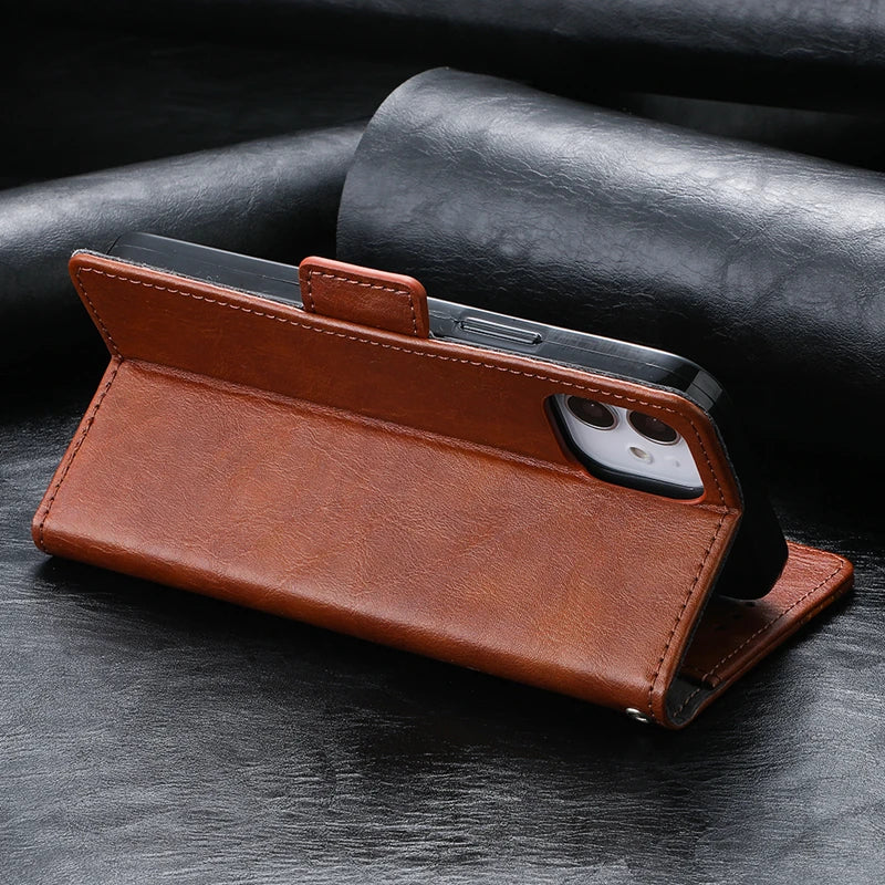 Premium iPhone Case Flip Wallet MagSafe Compatible Genuine Leather Magnetic Closure Card Holder Shockproof Protective Cover Camera Lens Protection Slim Design