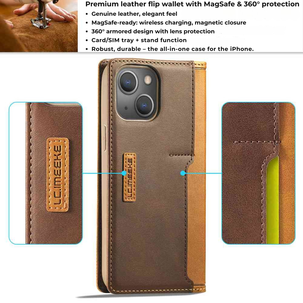 Premium iPhone Case Flip Wallet MagSafe Compatible Genuine Leather Magnetic Closure Card Holder Shockproof Protective Cover Camera Lens Protection Slim Design