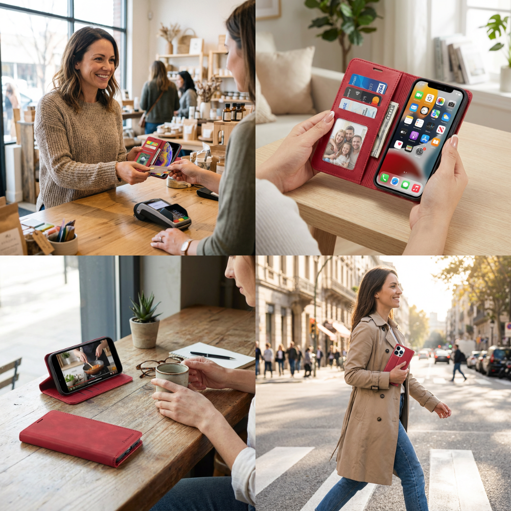 Premium iPhone Case Flip Wallet MagSafe Compatible Leather Card Holder Magnetic Closure Shockproof Protective Cover Camera Lens Protection Stand Function