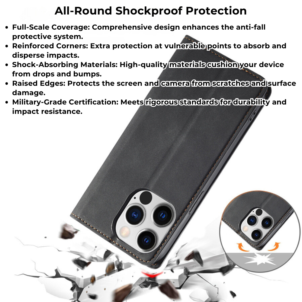 Premium iPhone Case Flip Wallet MagSafe Compatible Leather Card Holder Magnetic Closure Shockproof Protective Cover Camera Lens Protection Stand Function