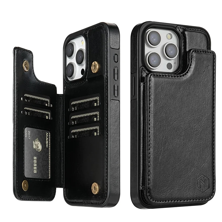 Premium iPhone Case Flip Wallet MagSafe Compatible Leather RFID Blocking Card Holder Magnetic Closure Shockproof Protective Cover Camera Lens Protection Stand Function