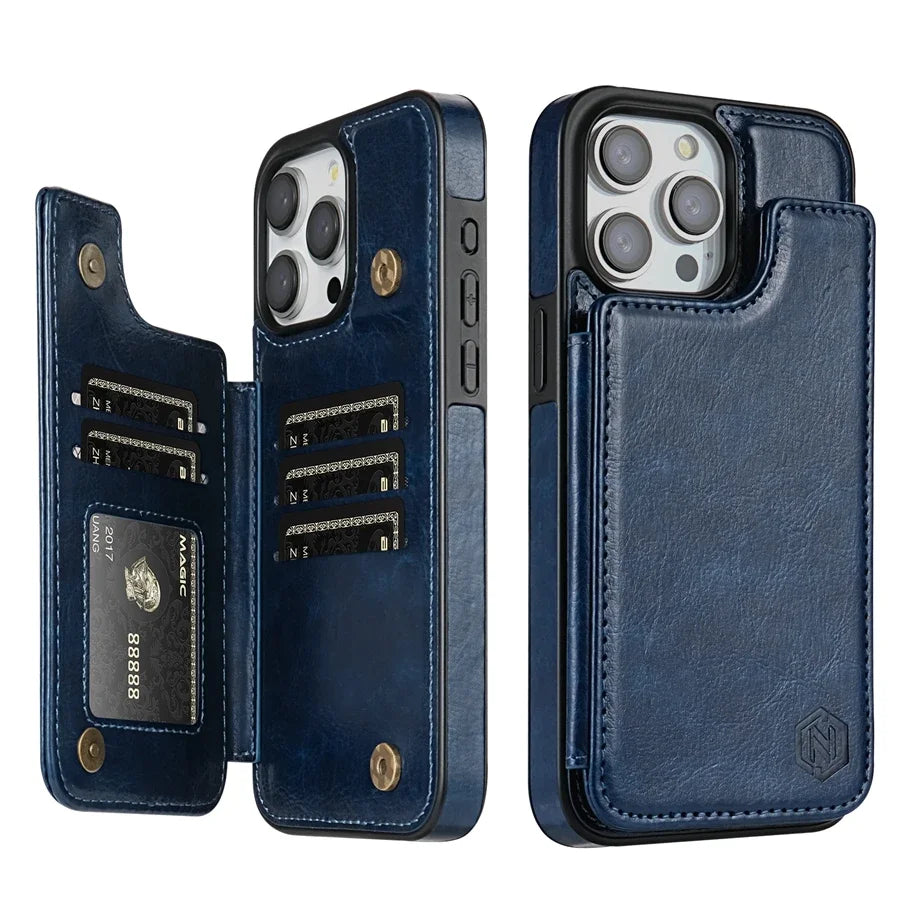 Premium iPhone Case Flip Wallet MagSafe Compatible Leather RFID Blocking Card Holder Magnetic Closure Shockproof Protective Cover Camera Lens Protection Stand Function