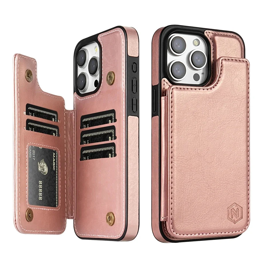Premium iPhone Case Flip Wallet MagSafe Compatible Leather RFID Blocking Card Holder Magnetic Closure Shockproof Protective Cover Camera Lens Protection Stand Function
