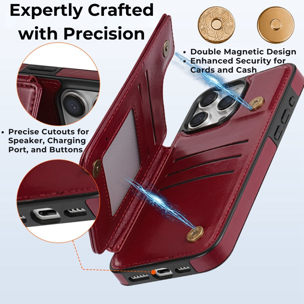 Premium iPhone Case Flip Wallet MagSafe Compatible Leather RFID Blocking Card Holder Magnetic Closure Shockproof Protective Cover Camera Lens Protection Stand Function
