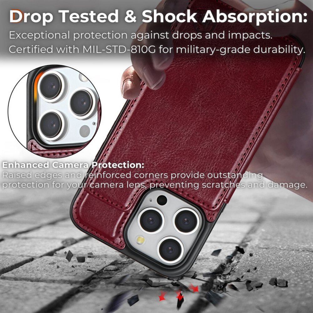 Premium iPhone Case Flip Wallet MagSafe Compatible Leather RFID Blocking Card Holder Magnetic Closure Shockproof Protective Cover Camera Lens Protection Stand Function