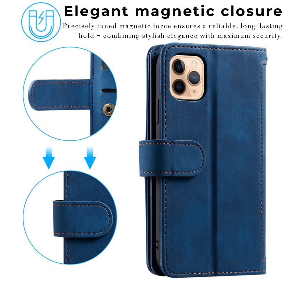 Premium iPhone Case Flip Wallet MagSafe Compatible Leather Zipper Card Holder Shockproof Protective Cover Strap Stand Function Camera Lens Protection