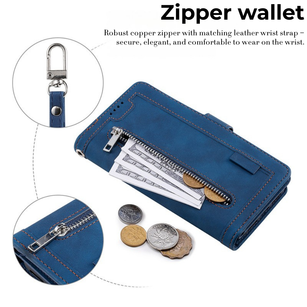 Premium iPhone Case Flip Wallet MagSafe Compatible Leather Zipper Card Holder Shockproof Protective Cover Strap Stand Function Camera Lens Protection