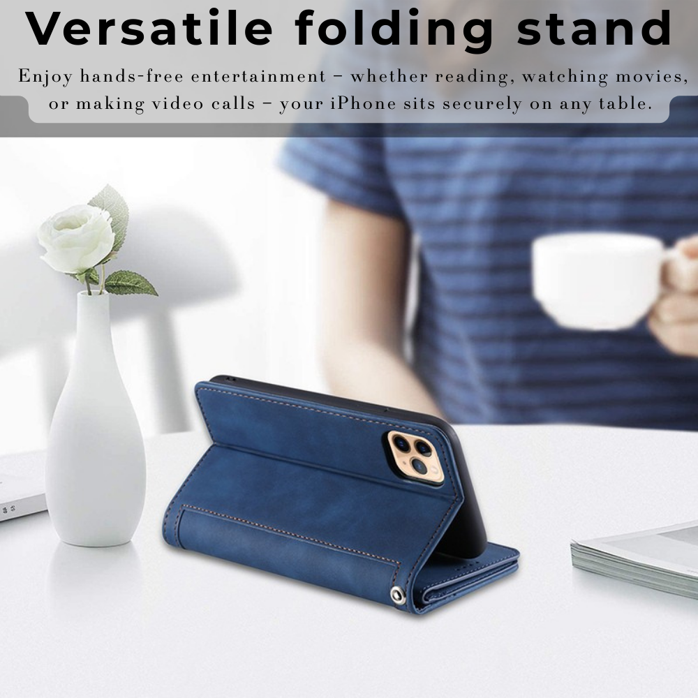 Premium iPhone Case Flip Wallet MagSafe Compatible Leather Zipper Card Holder Shockproof Protective Cover Strap Stand Function Camera Lens Protection