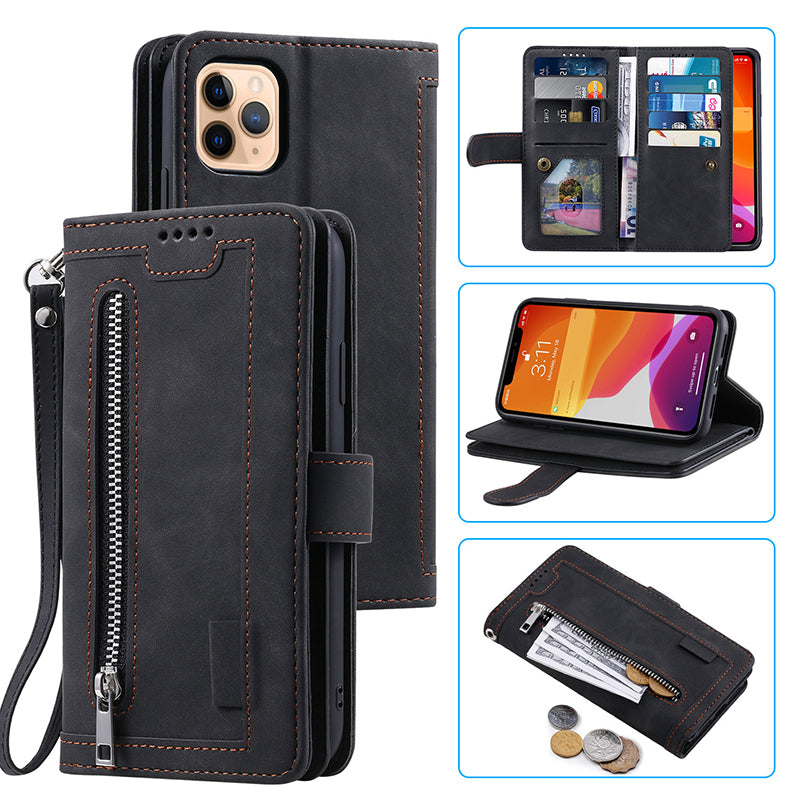 Premium iPhone Case Flip Wallet MagSafe Compatible Leather Zipper Card Holder Shockproof Protective Cover Strap Stand Function Camera Lens Protection