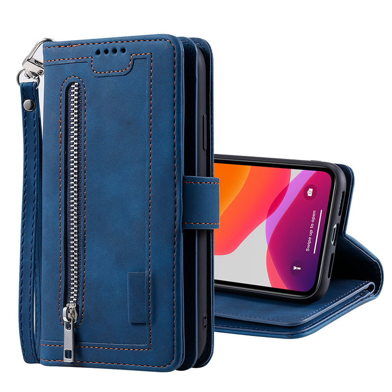 Premium iPhone Case Flip Wallet MagSafe Compatible Leather Zipper Card Holder Shockproof Protective Cover Strap Stand Function Camera Lens Protection