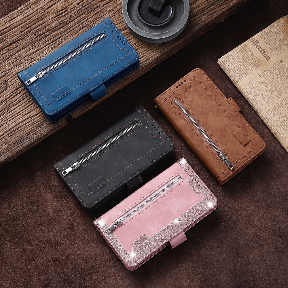 Premium iPhone Case Flip Wallet MagSafe Compatible Leather Zipper Card Holder Shockproof Protective Cover Strap Stand Function Camera Lens Protection
