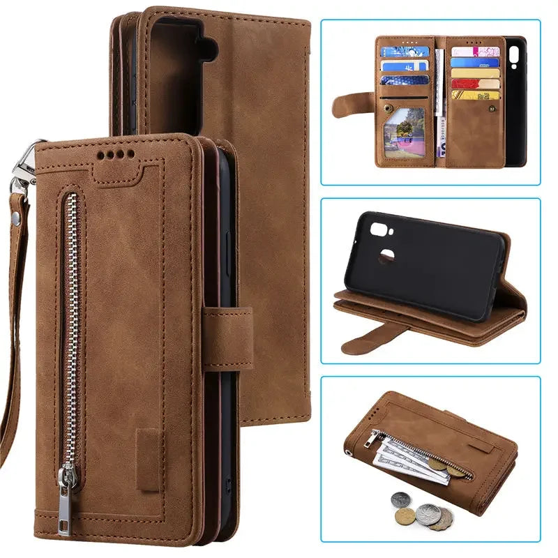 Premium iPhone Case Flip Wallet MagSafe Compatible Leather Zipper Card Holder Shockproof Protective Cover Strap Stand Function Camera Lens Protection