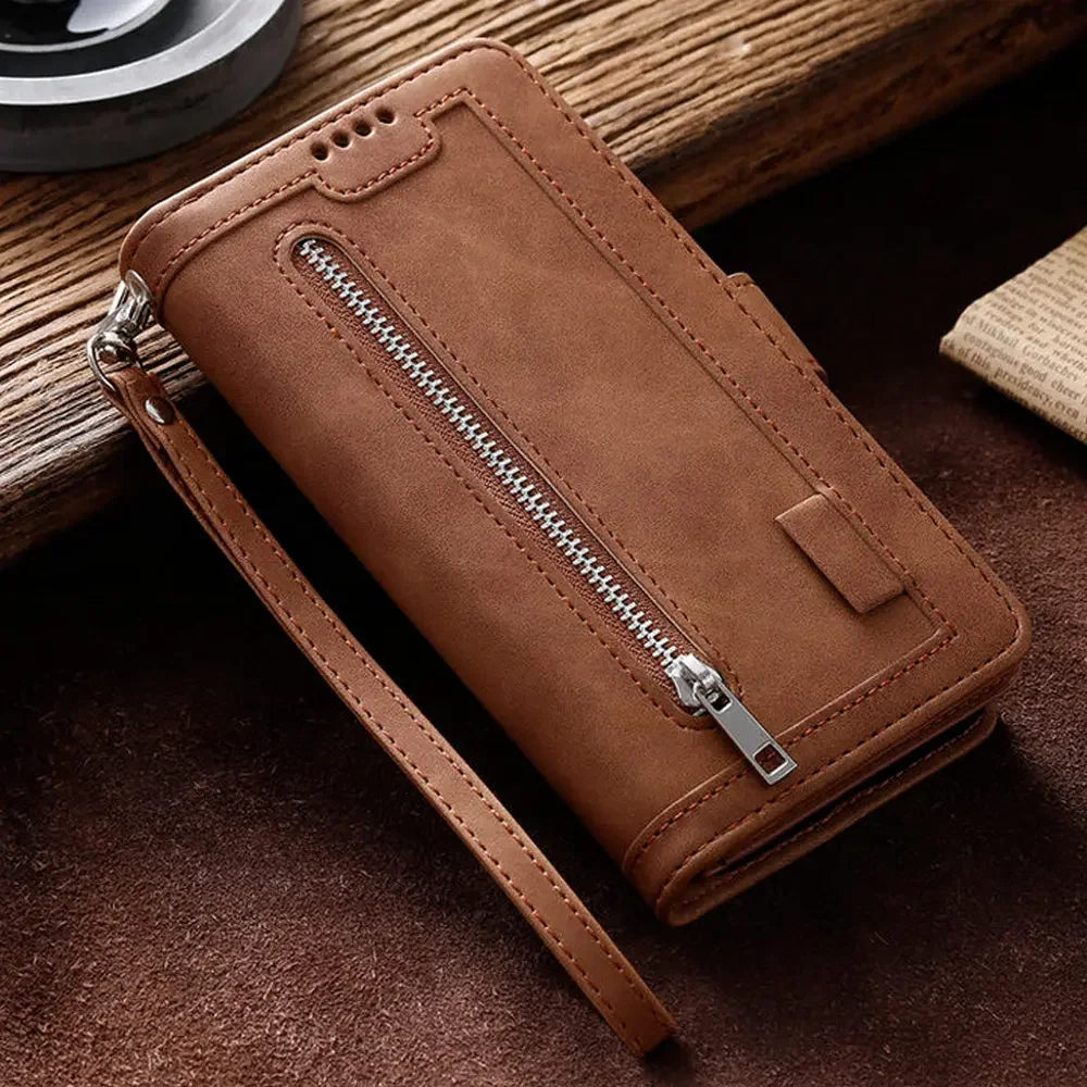 Premium iPhone Case Flip Wallet MagSafe Compatible Leather Zipper Card Holder Shockproof Protective Cover Strap Stand Function Camera Lens Protection