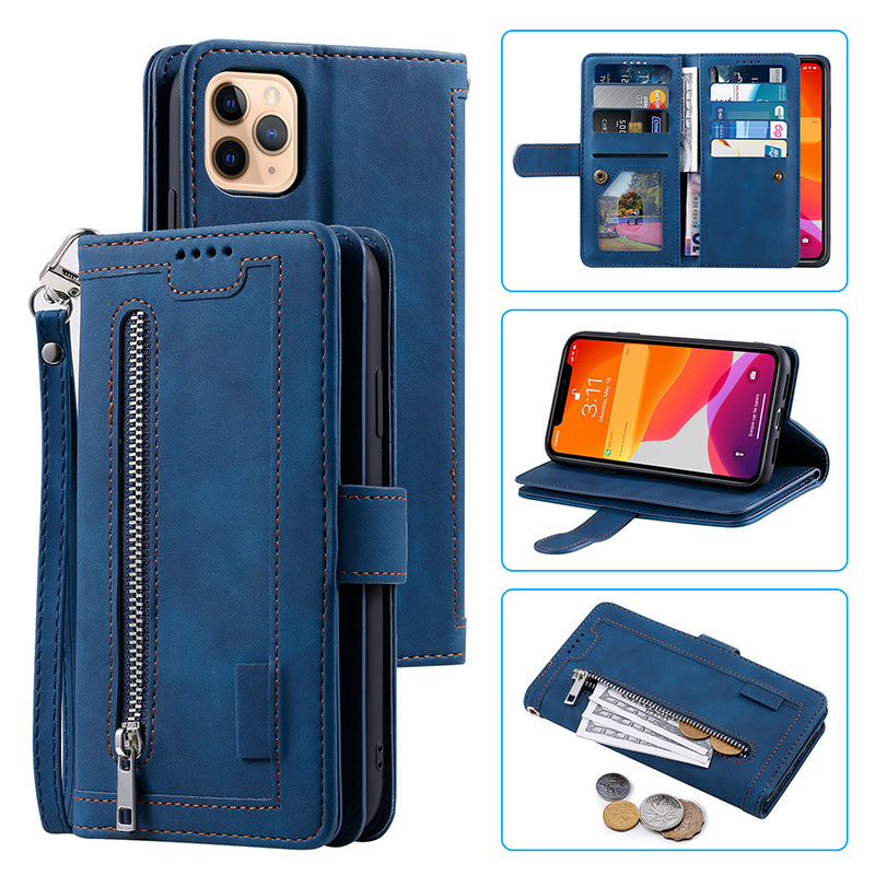 Premium iPhone Case Flip Wallet MagSafe Compatible Leather Zipper Card Holder Shockproof Protective Cover Strap Stand Function Camera Lens Protection