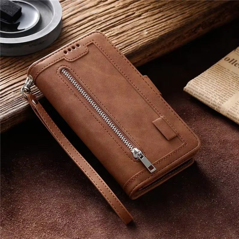 Premium iPhone Case Flip Wallet MagSafe Compatible Leather Zipper Card Holder Shockproof Protective Cover Strap Stand Function Camera Lens Protection