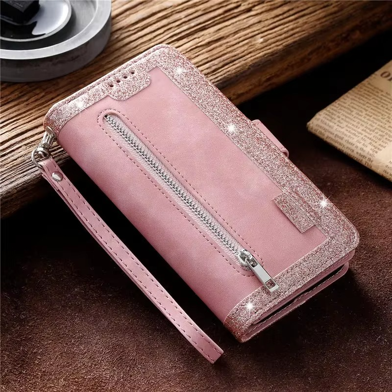 Premium iPhone Case Flip Wallet MagSafe Compatible Leather Zipper Card Holder Shockproof Protective Cover Strap Stand Function Camera Lens Protection