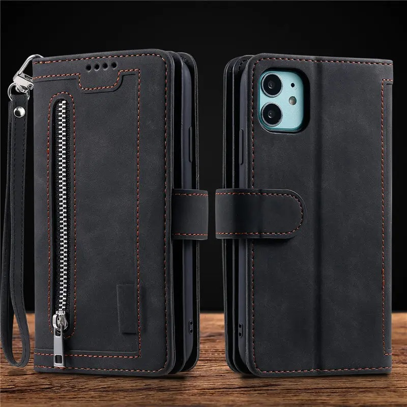 Premium iPhone Case Flip Wallet MagSafe Compatible Leather Zipper Card Holder Shockproof Protective Cover Strap Stand Function Camera Lens Protection