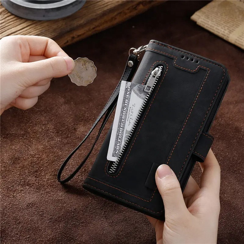 Premium iPhone Case Flip Wallet MagSafe Compatible Leather Zipper Card Holder Shockproof Protective Cover Strap Stand Function Camera Lens Protection