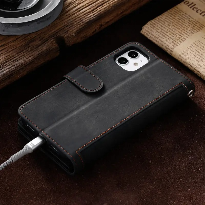 Premium iPhone Case Flip Wallet MagSafe Compatible Leather Zipper Card Holder Shockproof Protective Cover Strap Stand Function Camera Lens Protection