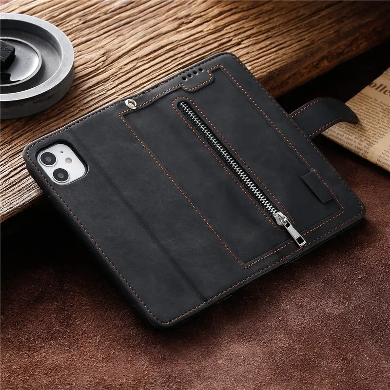 Premium iPhone Case Flip Wallet MagSafe Compatible Leather Zipper Card Holder Shockproof Protective Cover Strap Stand Function Camera Lens Protection