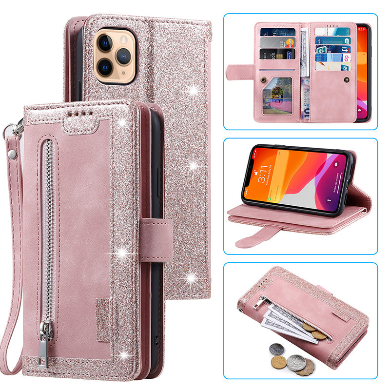 Premium iPhone Case Flip Wallet MagSafe Compatible Leather Zipper Card Holder Shockproof Protective Cover Strap Stand Function Camera Lens Protection
