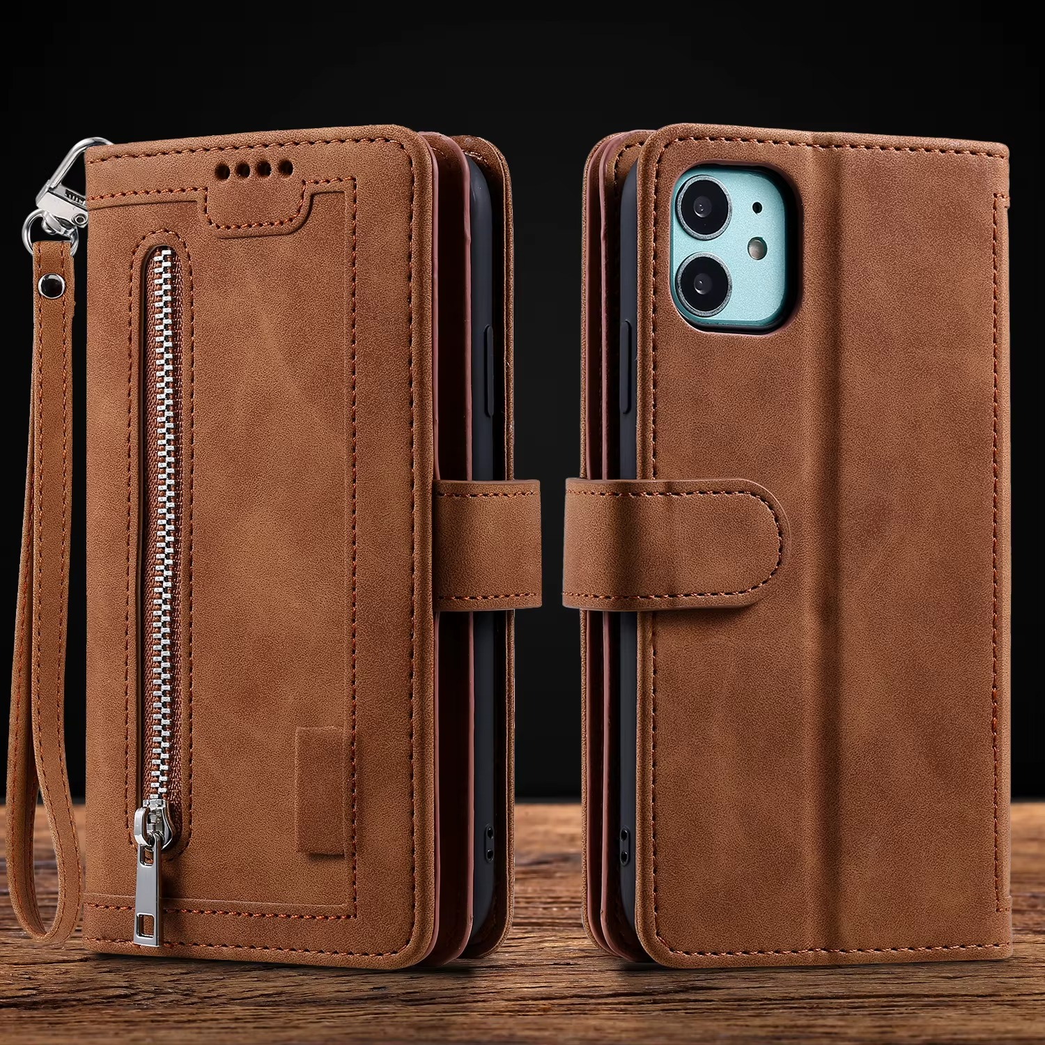 Premium iPhone Case Flip Wallet MagSafe Compatible Leather Zipper Card Holder Shockproof Protective Cover Strap Stand Function Camera Lens Protection