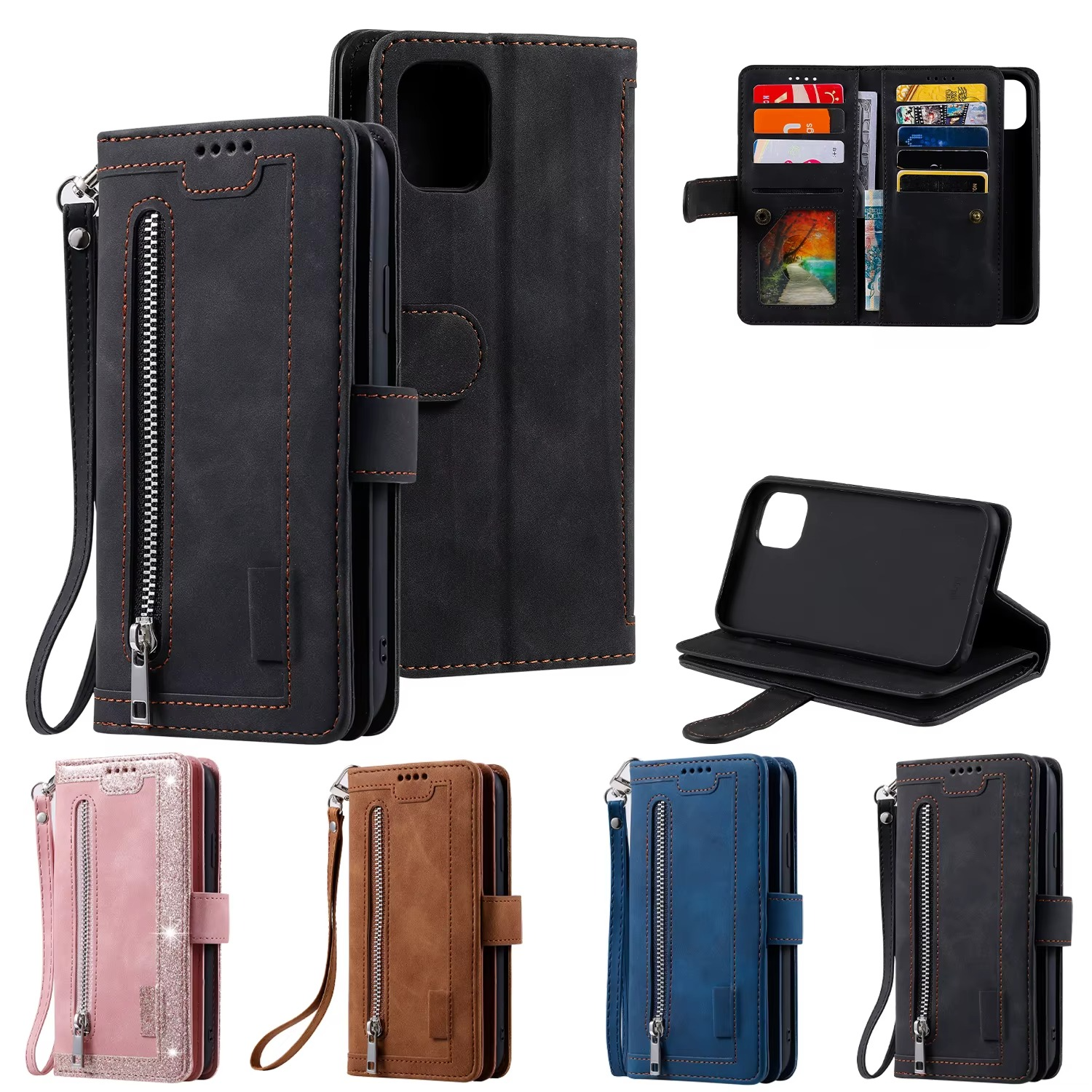 Premium iPhone Case Flip Wallet MagSafe Compatible Leather Zipper Card Holder Shockproof Protective Cover Strap Stand Function Camera Lens Protection