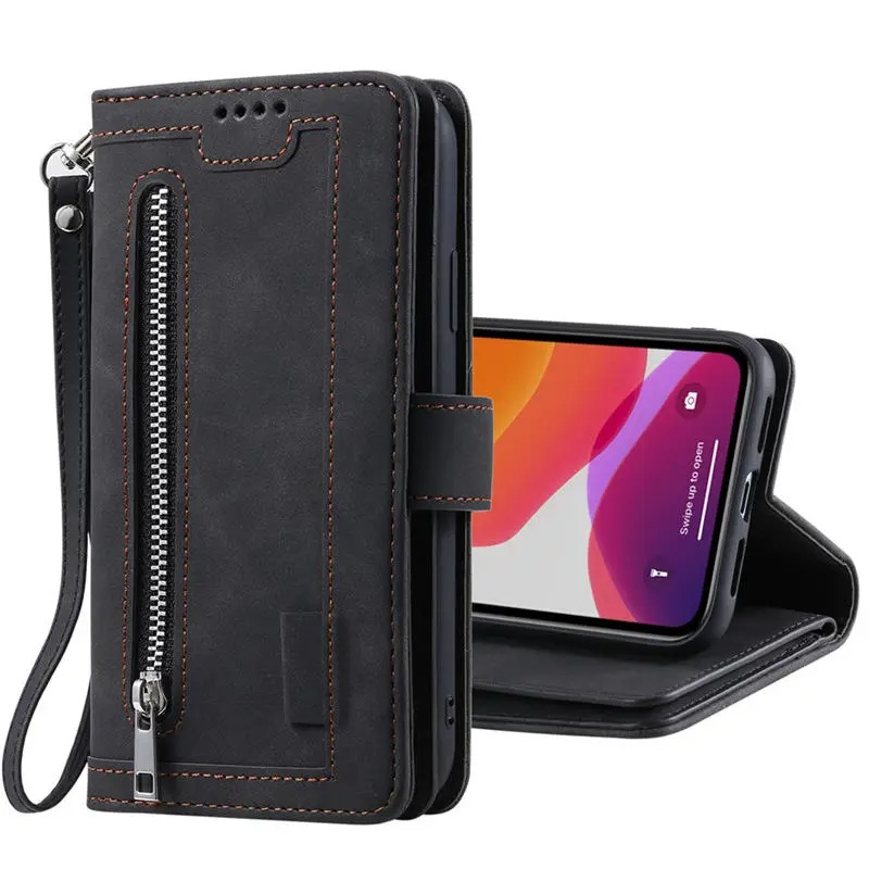 Premium iPhone Case Flip Wallet MagSafe Compatible Leather Zipper Card Holder Shockproof Protective Cover Strap Stand Function Camera Lens Protection