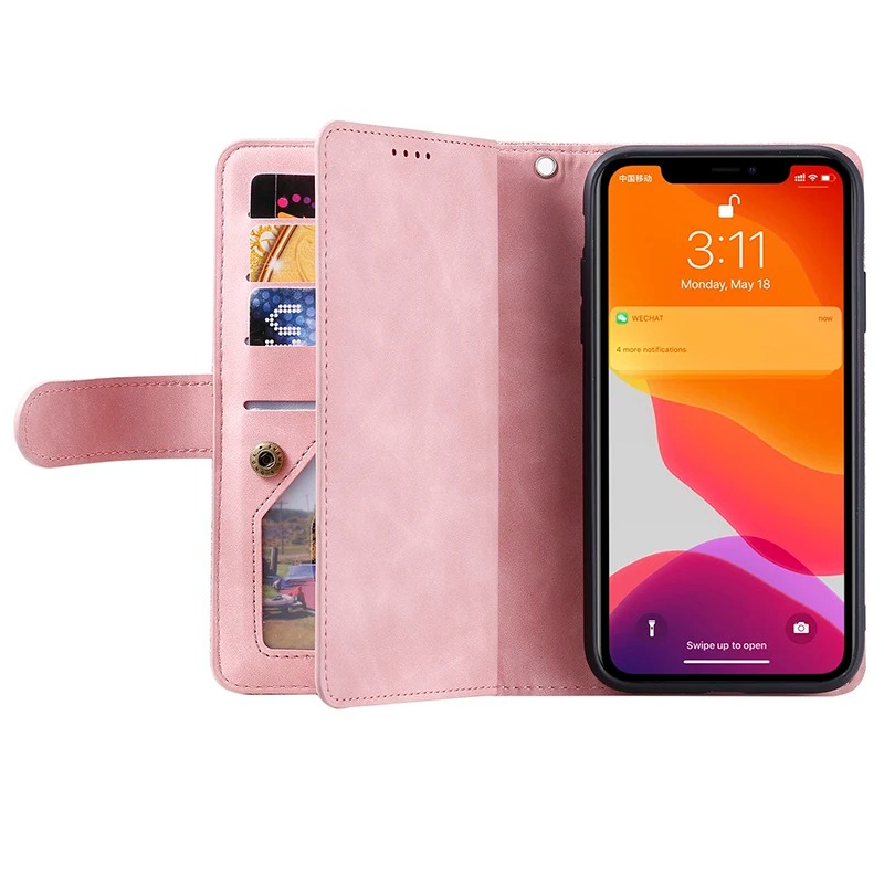 Premium iPhone Case Flip Wallet MagSafe Compatible Leather Zipper Card Holder Shockproof Protective Cover Strap Stand Function Camera Lens Protection