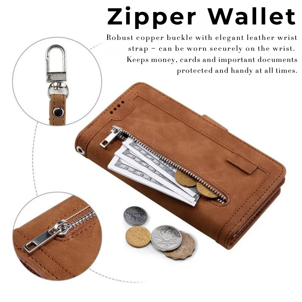 Premium iPhone Case Flip Wallet MagSafe Compatible Leather Zipper Card Holder Shockproof Protective Cover Strap Stand Function Camera Lens Protection