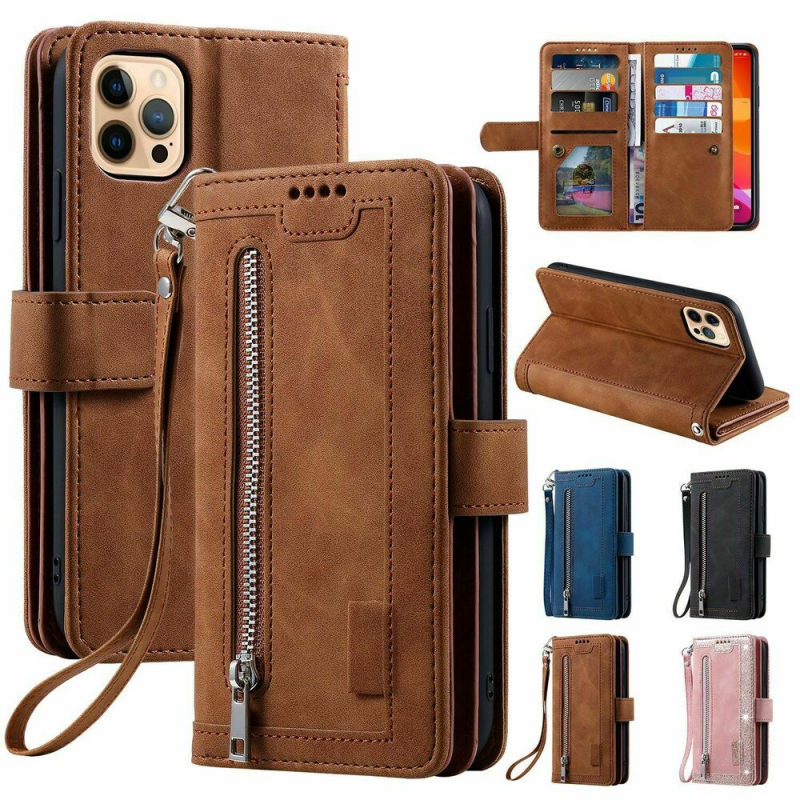 Premium iPhone Case Flip Wallet MagSafe Compatible Leather Zipper Card Holder Shockproof Protective Cover Strap Stand Function Camera Lens Protection