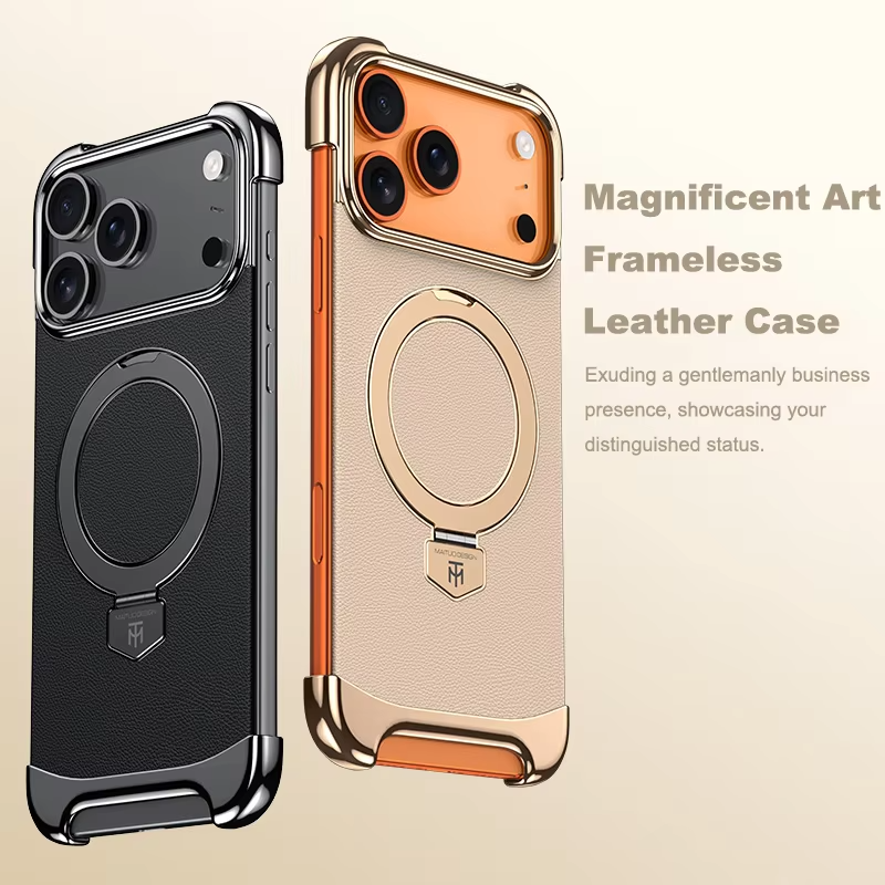 Premium iPhone Case Frameless Magnetic Protective Cover Ultra Thin Leather Back Metal Bumper Stand Shockproof Edge Protection Camera Lens Guard