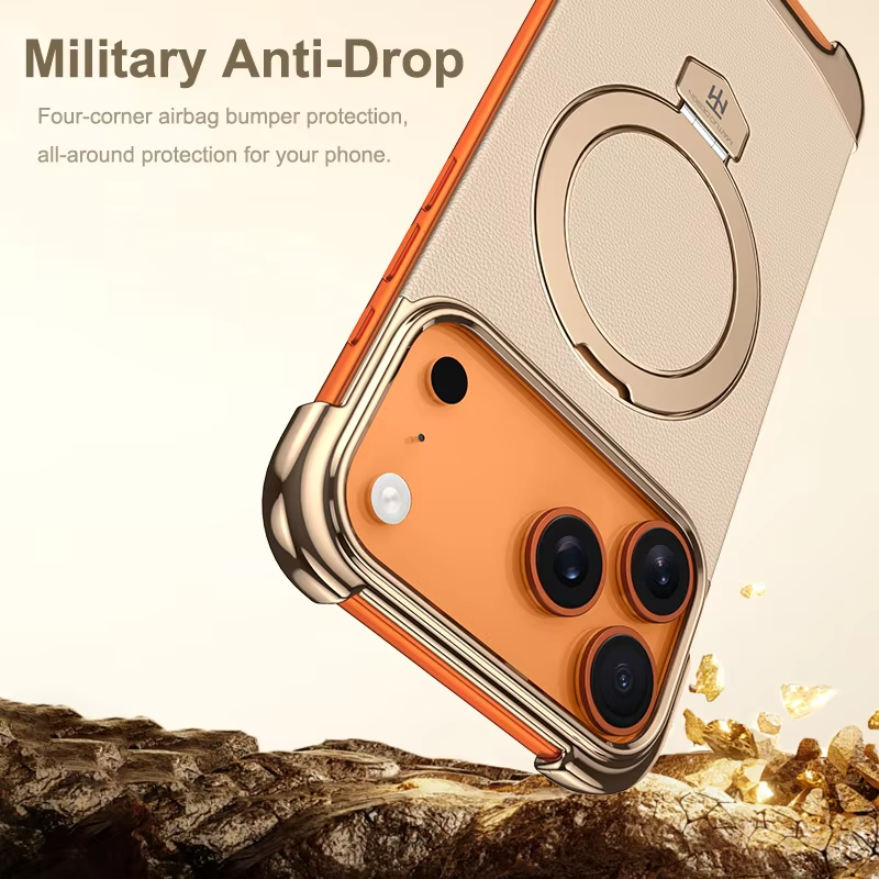 Premium iPhone Case Frameless Magnetic Protective Cover Ultra Thin Leather Back Metal Bumper Stand Shockproof Edge Protection Camera Lens Guard