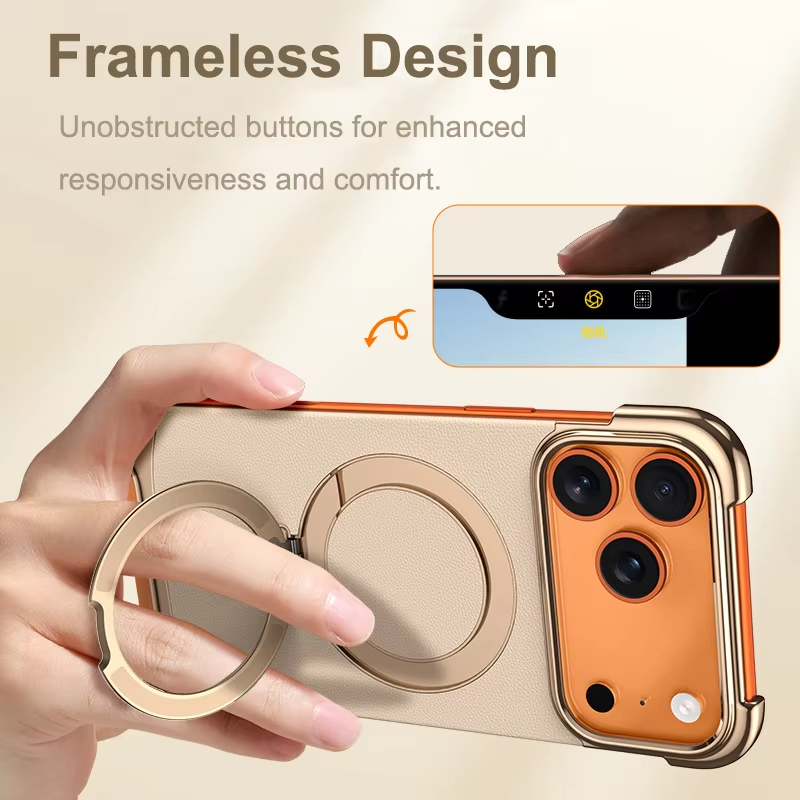Premium iPhone Case Frameless Magnetic Protective Cover Ultra Thin Leather Back Metal Bumper Stand Shockproof Edge Protection Camera Lens Guard